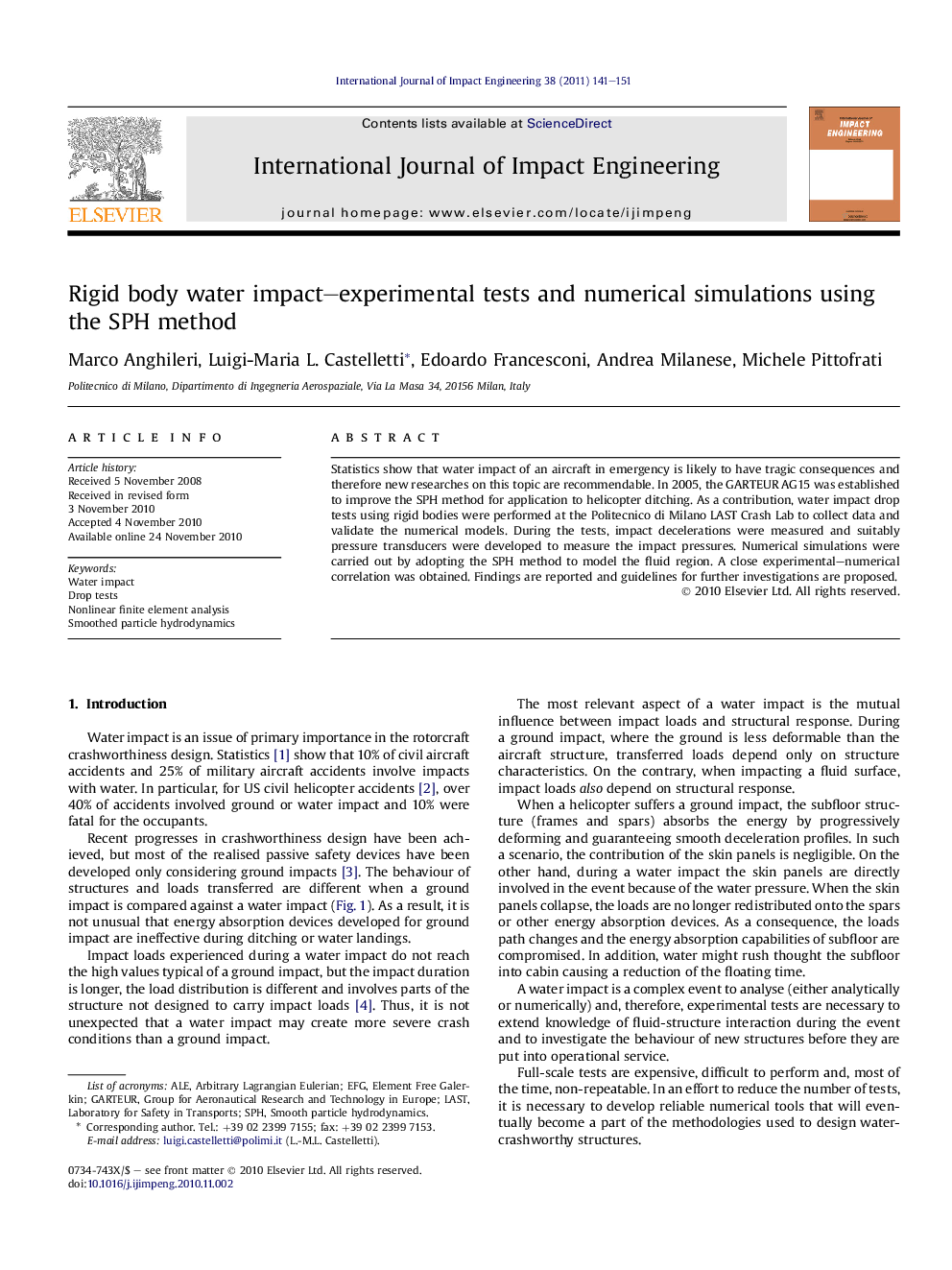 Rigid body water impact–experimental tests and numerical simulations using the SPH method