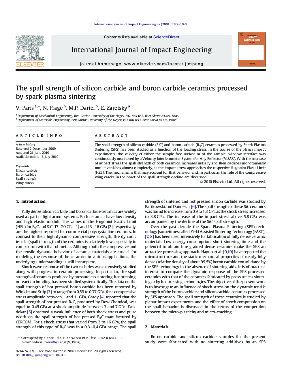 The spall strength of silicon carbide and boron carbide ceramics processed by spark plasma sintering