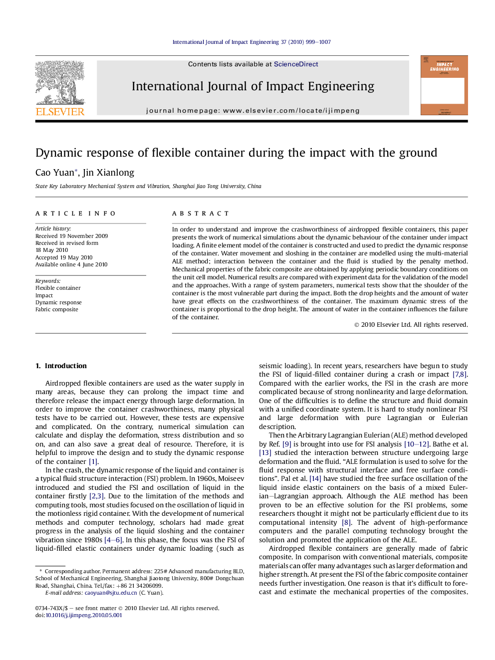 Dynamic response of flexible container during the impact with the ground