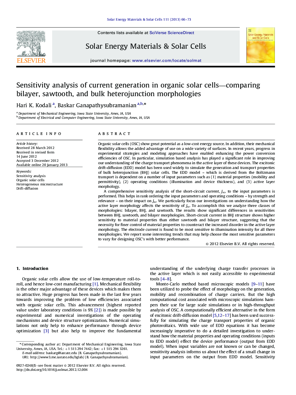 Sensitivity analysis of current generation in organic solar cells—comparing bilayer, sawtooth, and bulk heterojunction morphologies