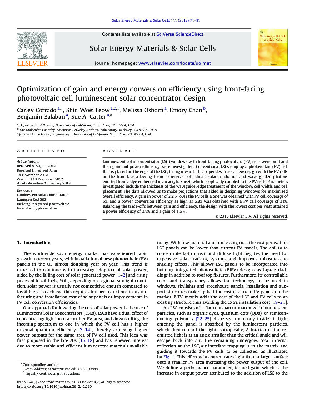 Optimization of gain and energy conversion efficiency using front-facing photovoltaic cell luminescent solar concentratordesign