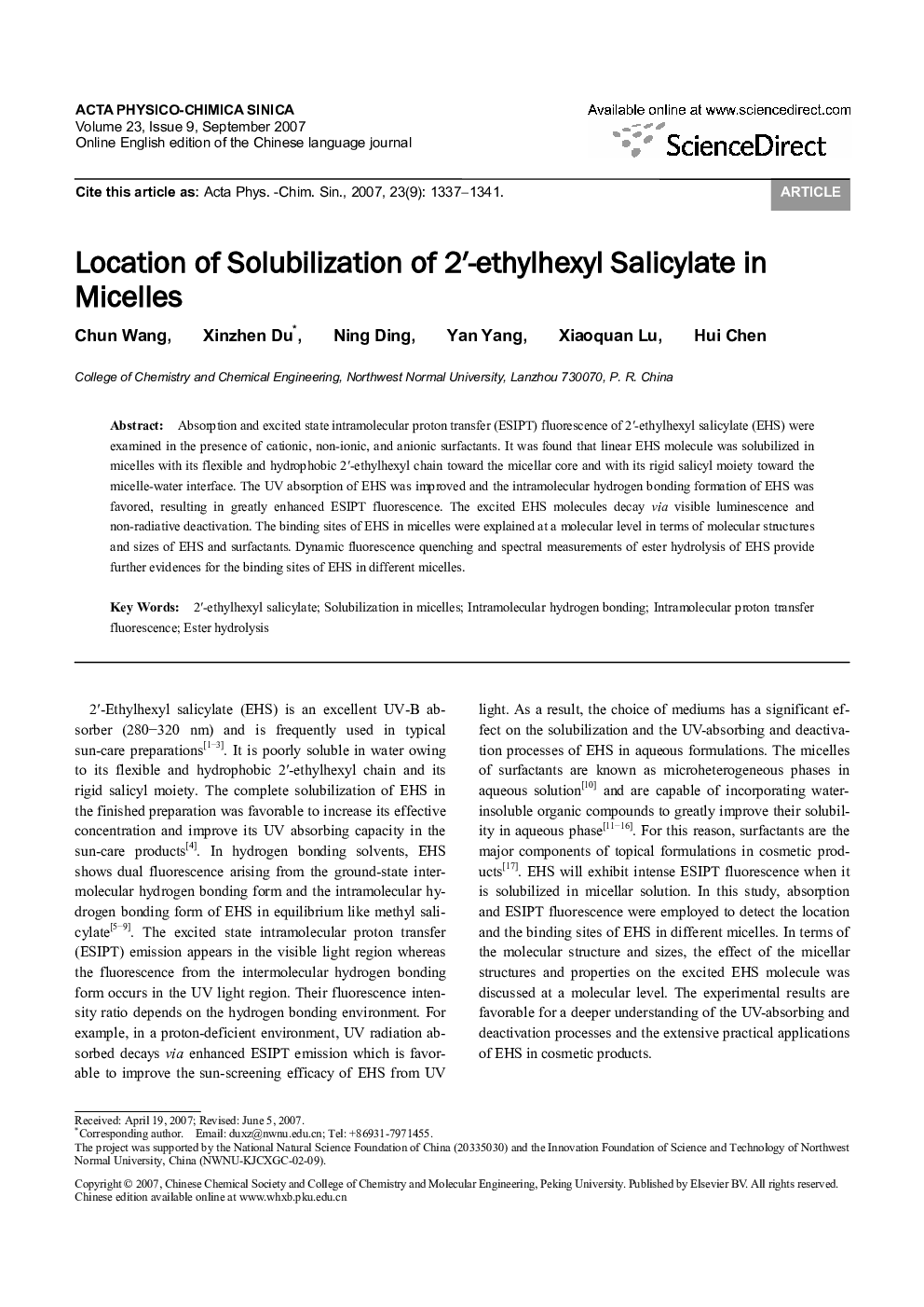 Location of Solubilization of 2â²-ethylhexyl Salicylate in Micelles