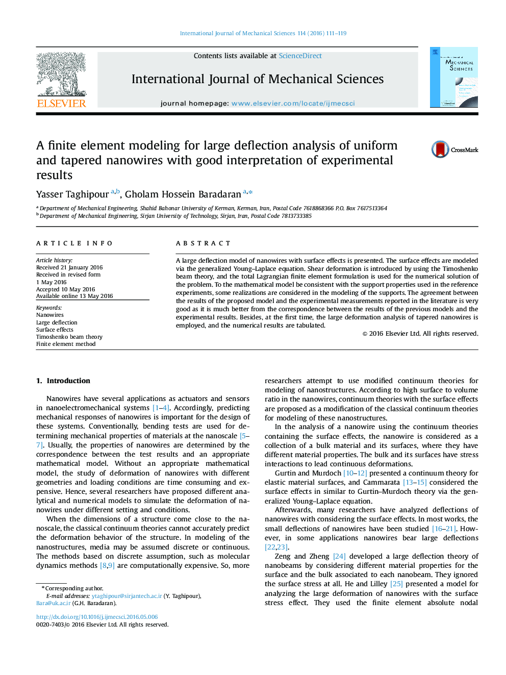 A finite element modeling for large deflection analysis of uniform and tapered nanowires with good interpretation of experimental results