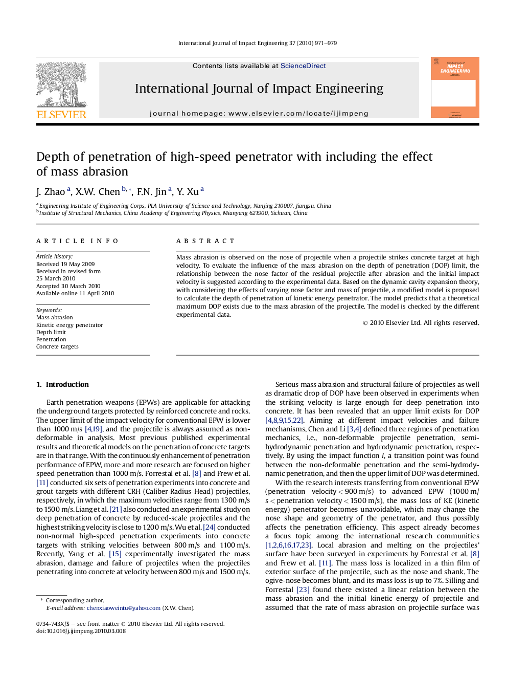 Depth of penetration of high-speed penetrator with including the effect of mass abrasion