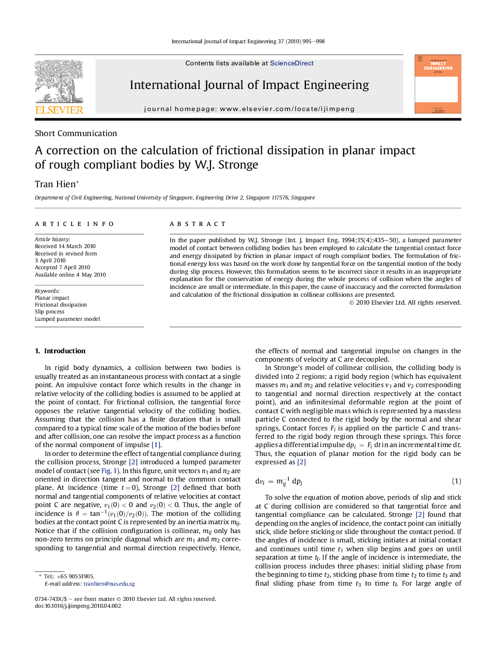 A correction on the calculation of frictional dissipation in planar impact of rough compliant bodies by W.J. Stronge