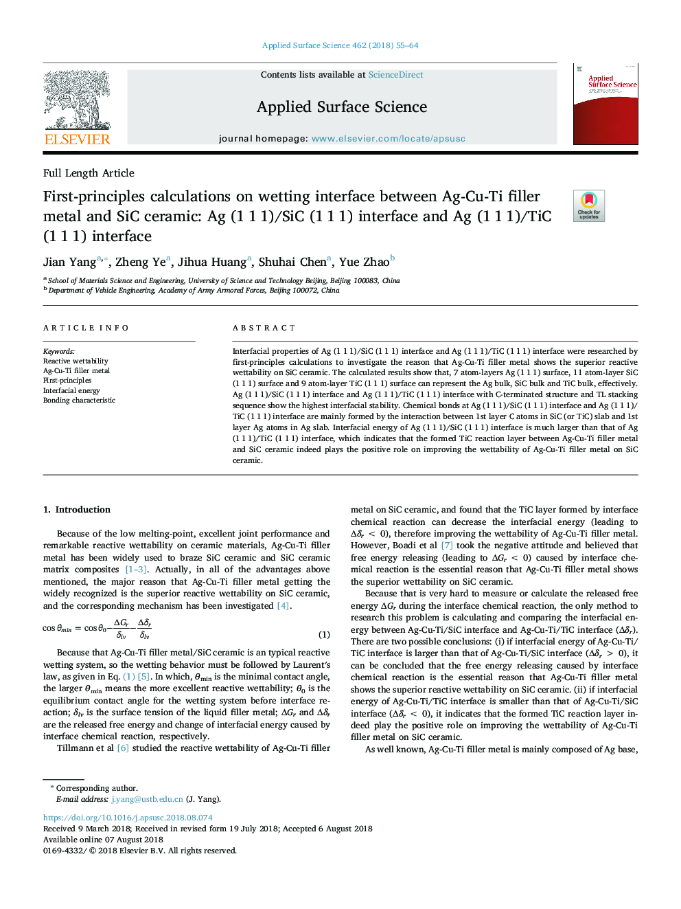 First-principles calculations on wetting interface between Ag-Cu-Ti filler metal and SiC ceramic: Ag (1â¯1â¯1)/SiC (1â¯1â¯1) interface and Ag (1â¯1â¯1)/TiC (1â¯1â¯1) interface