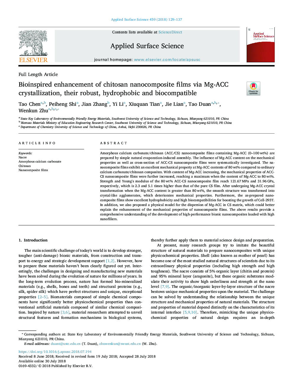 Bioinspired enhancement of chitosan nanocomposite films via Mg-ACC crystallization, their robust, hydrophobic and biocompatible