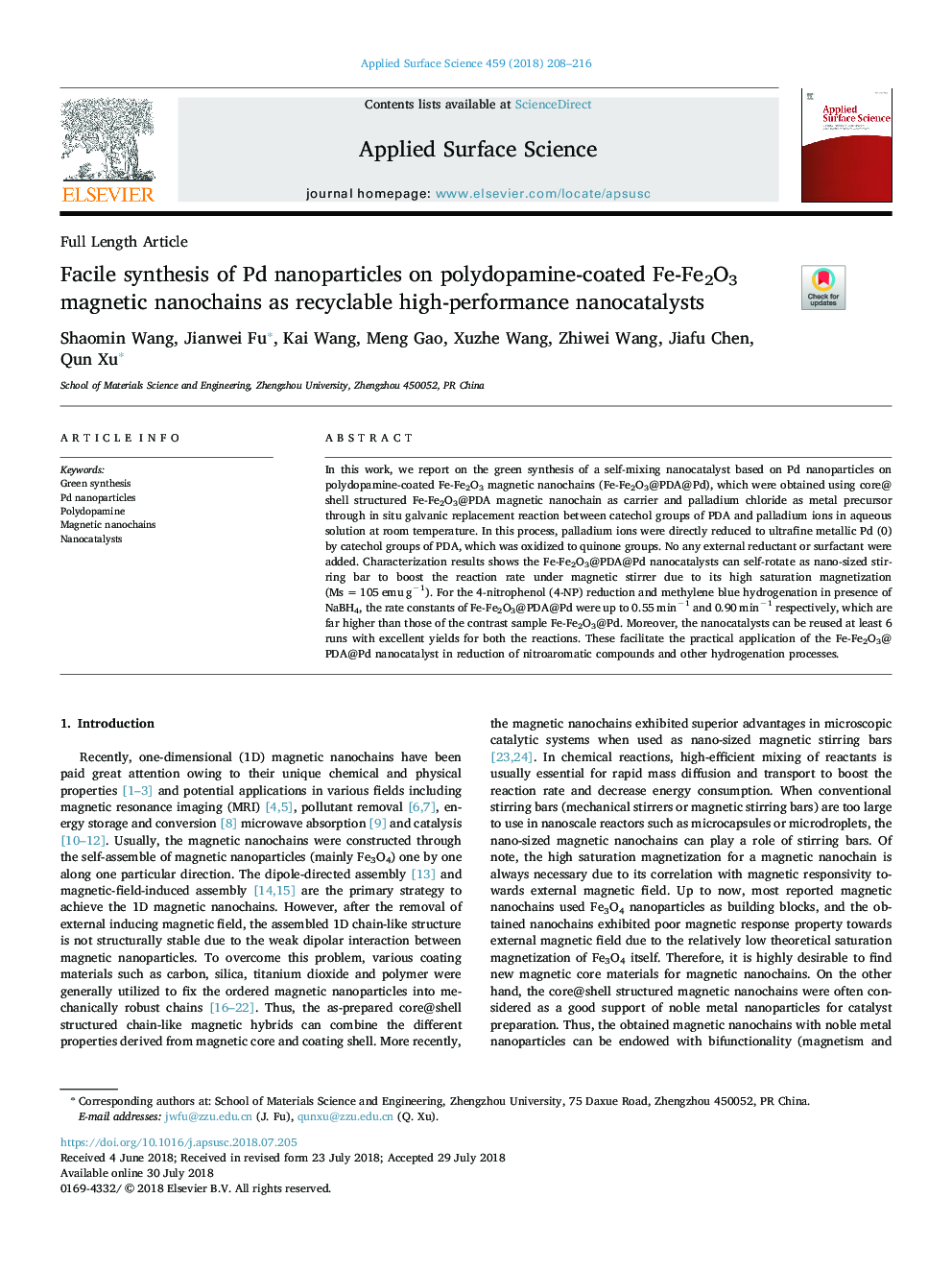 Facile synthesis of Pd nanoparticles on polydopamine-coated Fe-Fe2O3 magnetic nanochains as recyclable high-performance nanocatalysts