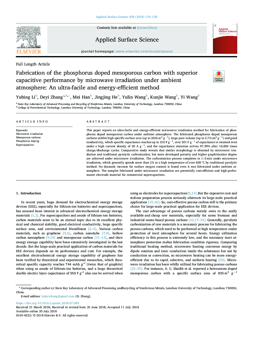 Fabrication of the phosphorus doped mesoporous carbon with superior capacitive performance by microwave irradiation under ambient atmosphere: An ultra-facile and energy-efficient method