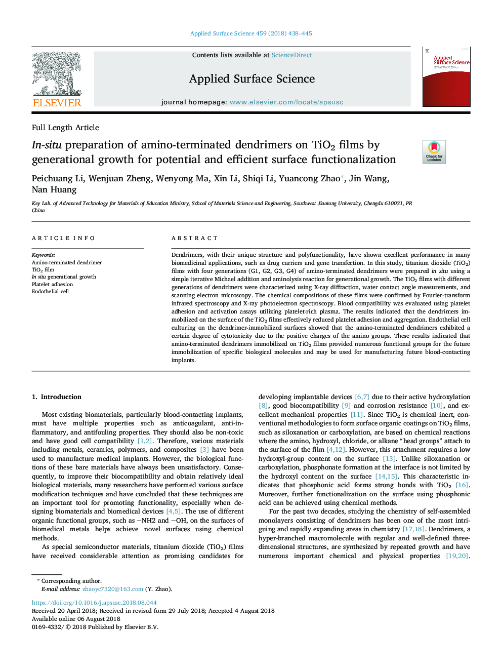 In-situ preparation of amino-terminated dendrimers on TiO2 films by generational growth for potential and efficient surface functionalization