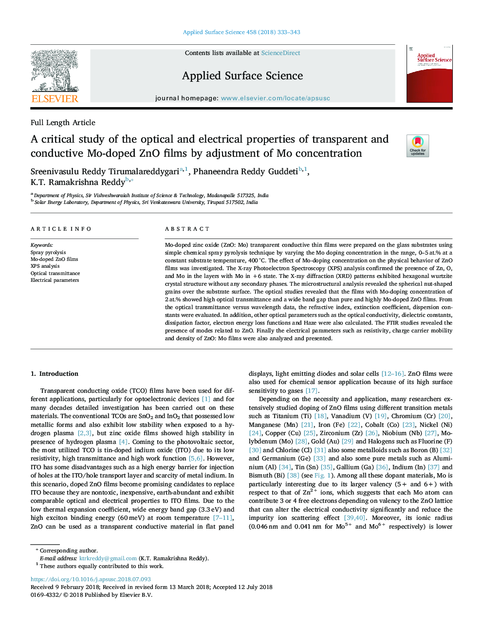 A critical study of the optical and electrical properties of transparent and conductive Mo-doped ZnO films by adjustment of Mo concentration