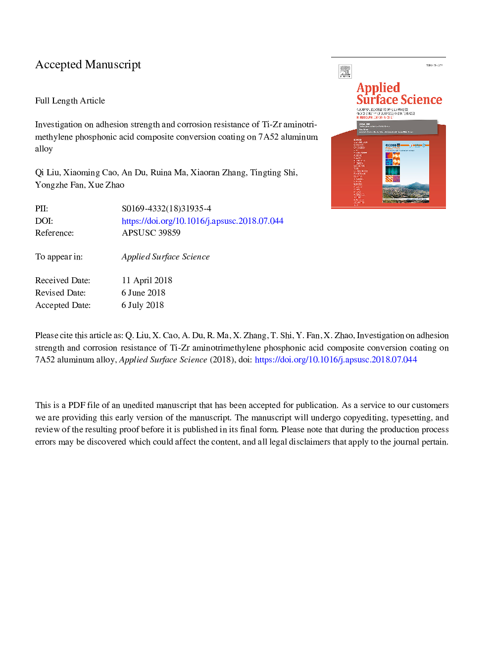 Investigation on adhesion strength and corrosion resistance of Ti-Zr aminotrimethylene phosphonic acid composite conversion coating on 7A52 aluminum alloy