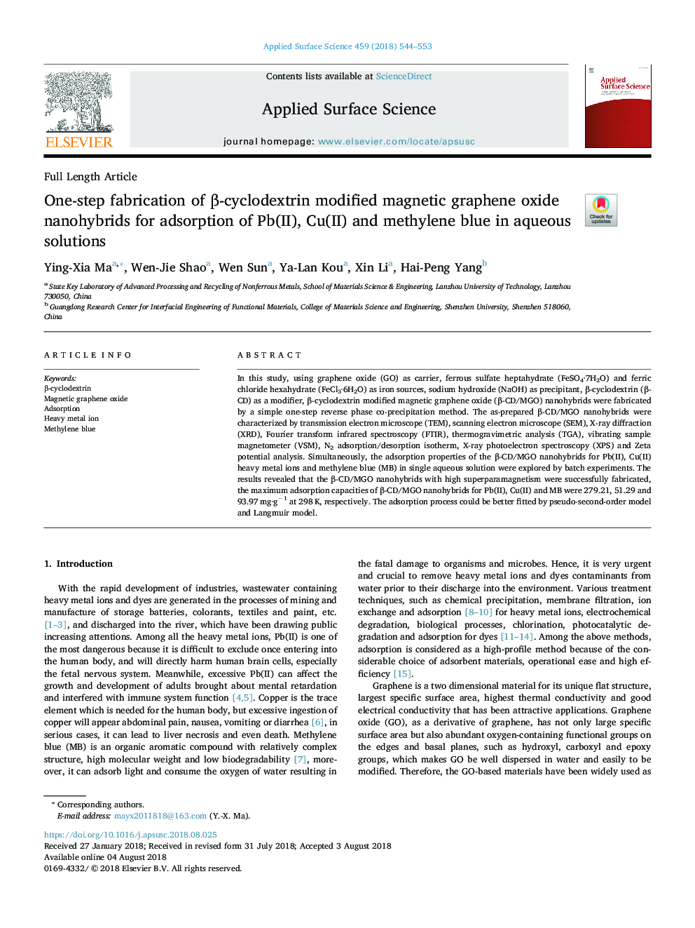 One-step fabrication of Î²-cyclodextrin modified magnetic graphene oxide nanohybrids for adsorption of Pb(II), Cu(II) and methylene blue in aqueous solutions