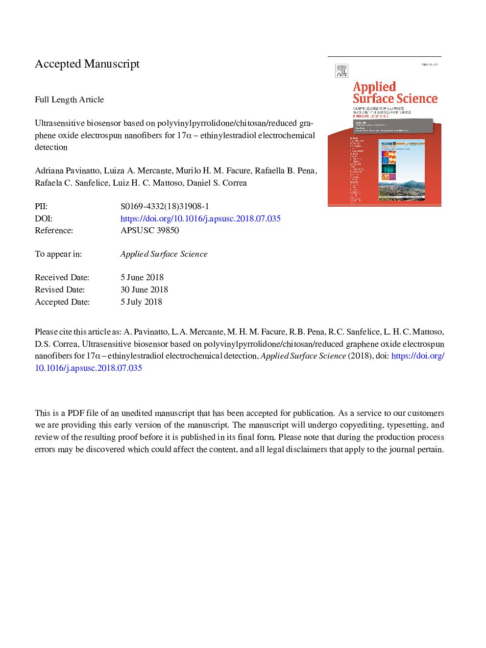 Ultrasensitive biosensor based on polyvinylpyrrolidone/chitosan/reduced graphene oxide electrospun nanofibers for 17Î± - Ethinylestradiol electrochemical detection