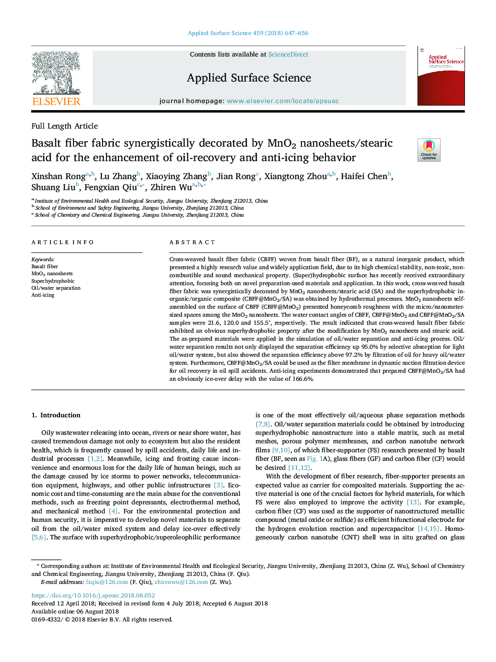 Basalt fiber fabric synergistically decorated by MnO2 nanosheets/stearic acid for the enhancement of oil-recovery and anti-icing behavior