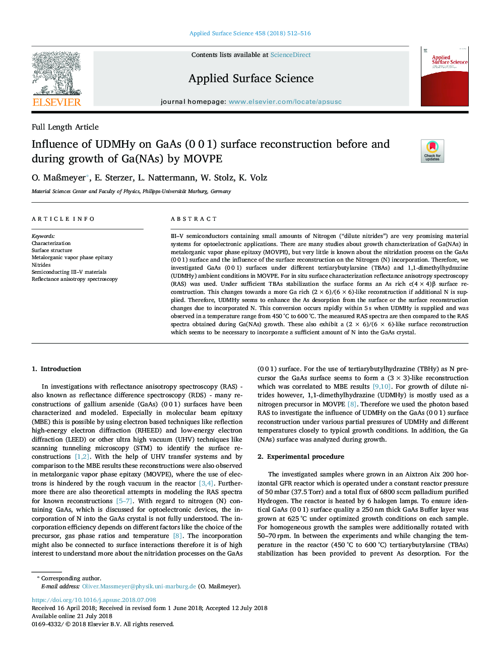 Influence of UDMHy on GaAs (0â¯0â¯1) surface reconstruction before and during growth of Ga(NAs) by MOVPE