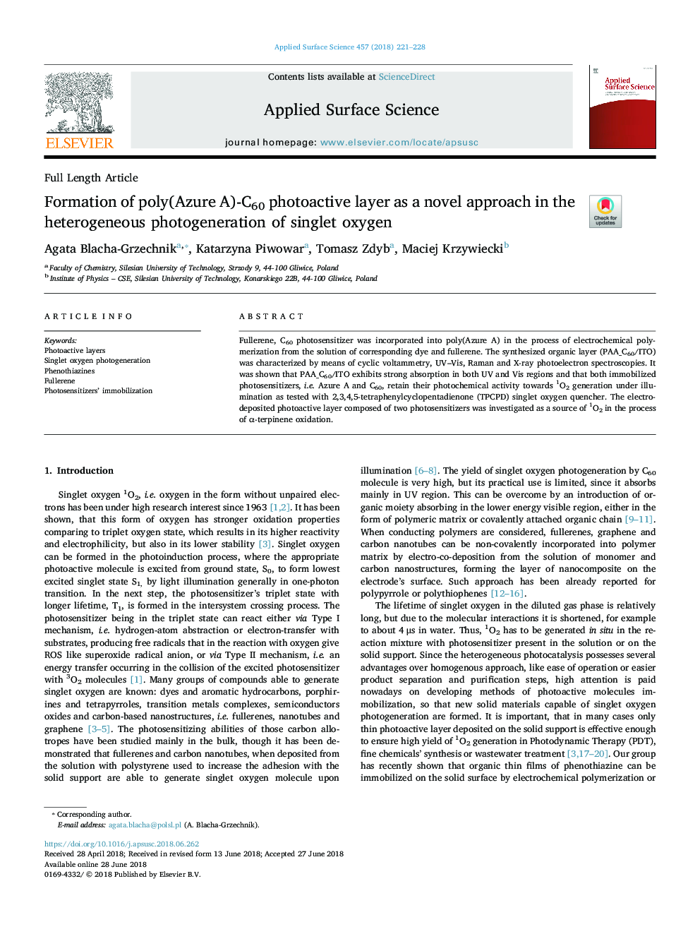 Formation of poly(Azure A)-C60 photoactive layer as a novel approach in the heterogeneous photogeneration of singlet oxygen