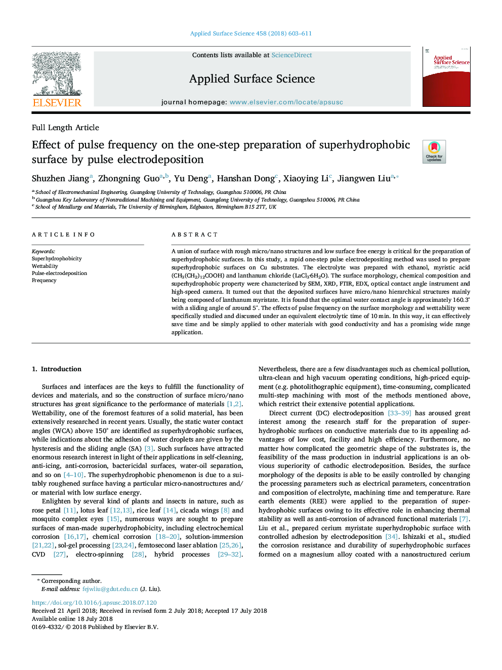 Effect of pulse frequency on the one-step preparation of superhydrophobic surface by pulse electrodeposition