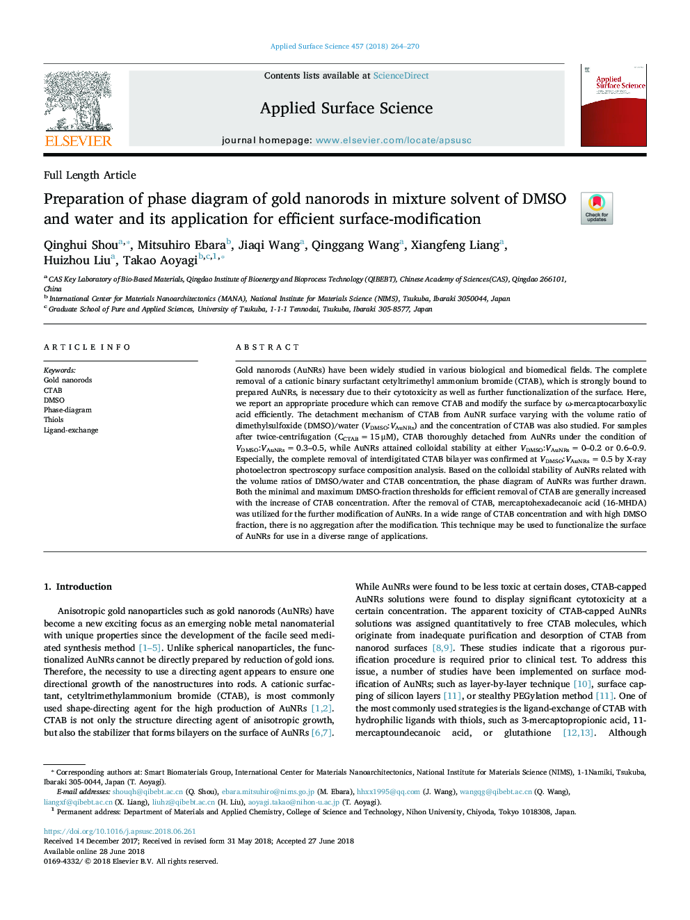 Preparation of phase diagram of gold nanorods in mixture solvent of DMSO and water and its application for efficient surface-modification