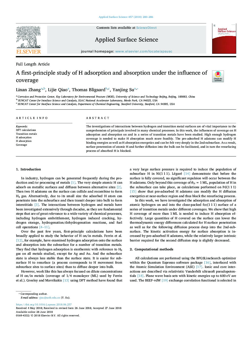 عکس صفحه اول مقاله: A first-principle study of H adsorption and absorption under the influence of coverage A first-principle study of H adsorption and absorption under the influence of coverage
