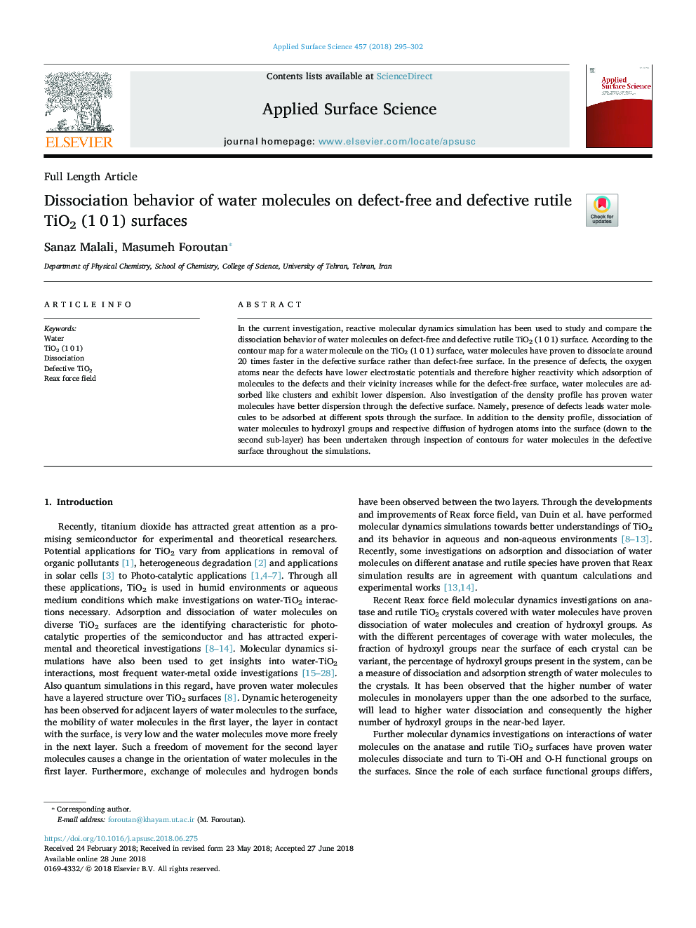 Dissociation behavior of water molecules on defect-free and defective rutile TiO2 (1â¯0â¯1) surfaces