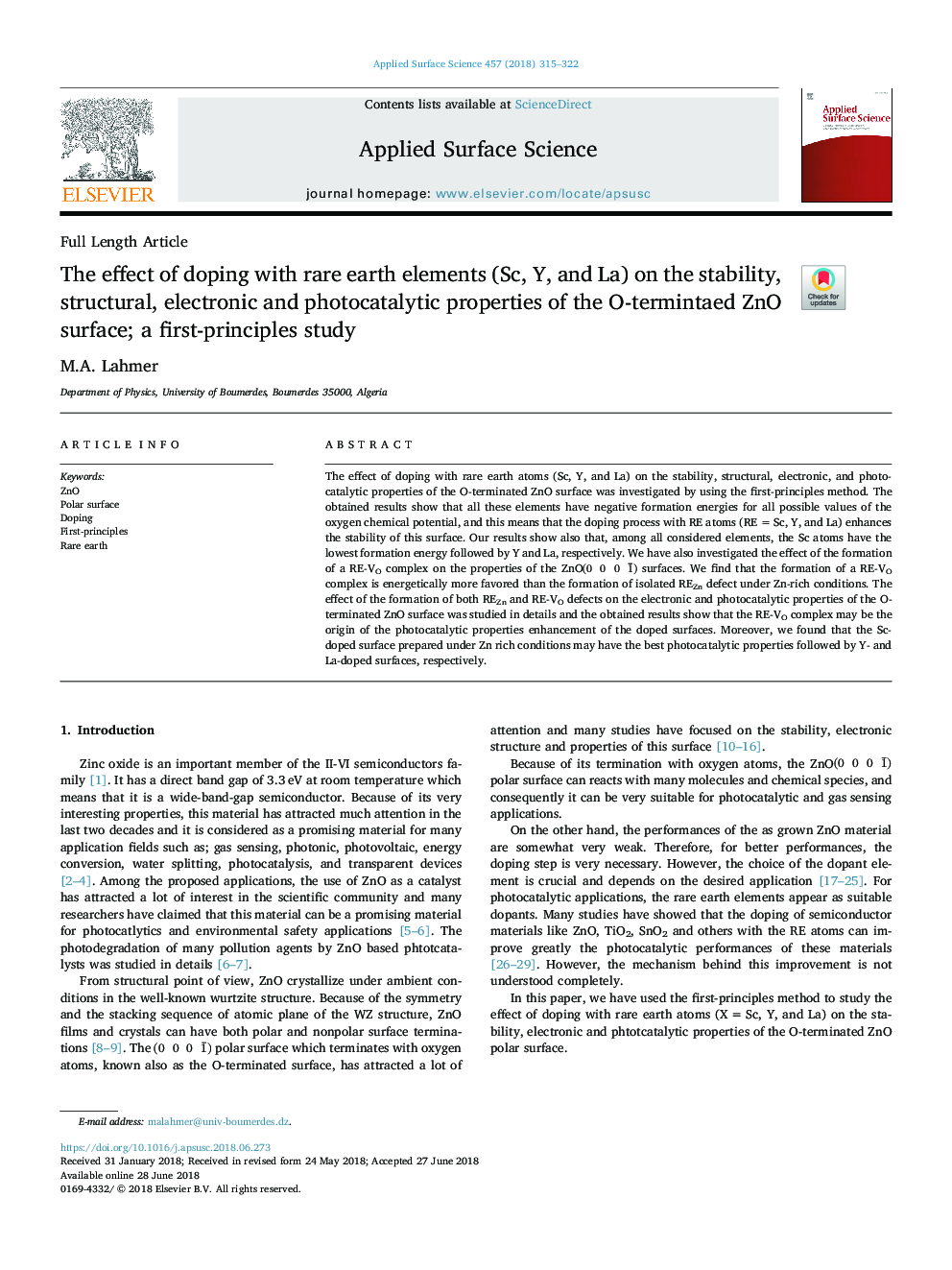 The effect of doping with rare earth elements (Sc, Y, and La) on the stability, structural, electronic and photocatalytic properties of the O-termintaed ZnO surface; A first-principles study