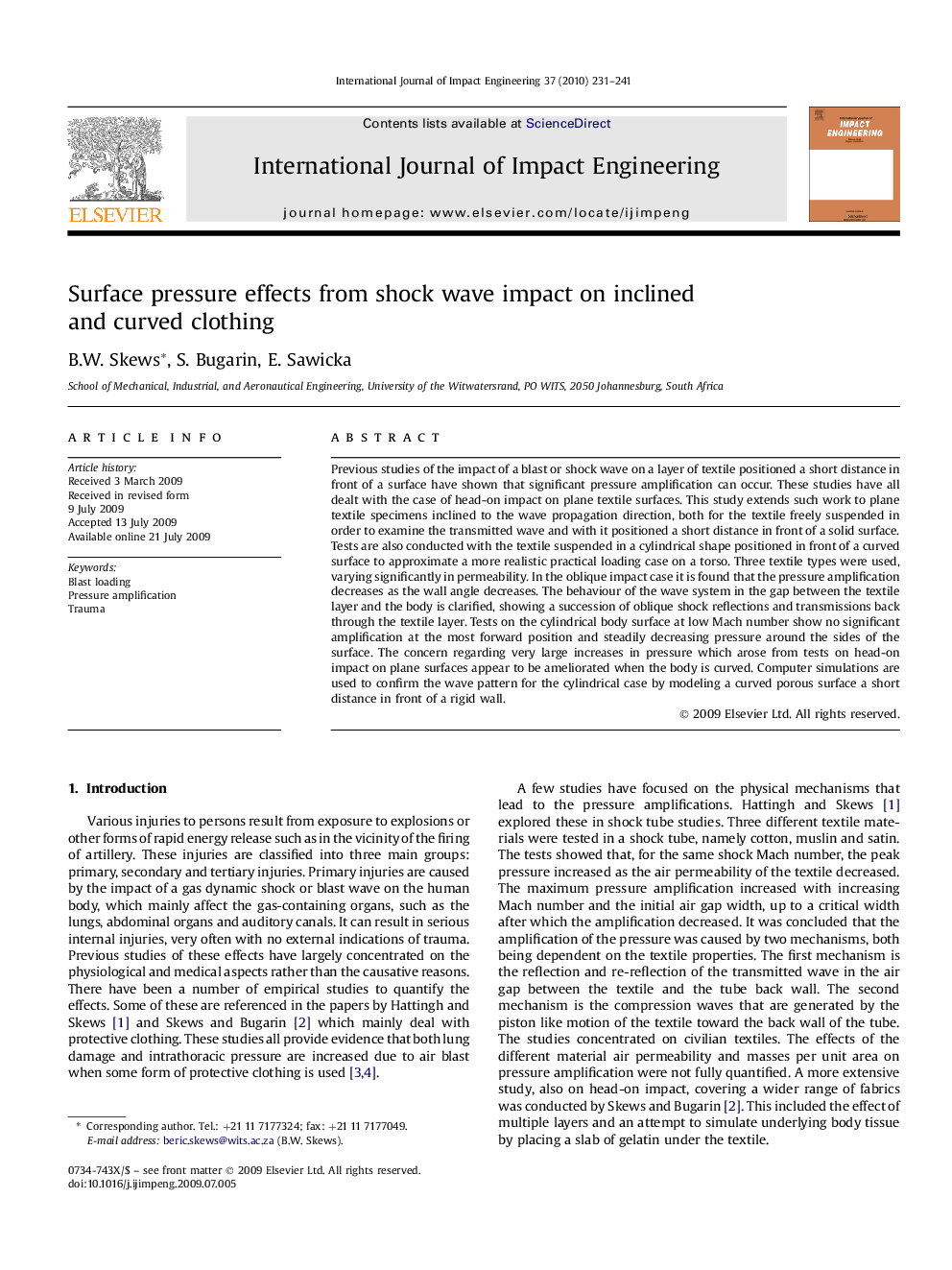 Surface pressure effects from shock wave impact on inclined and curved clothing