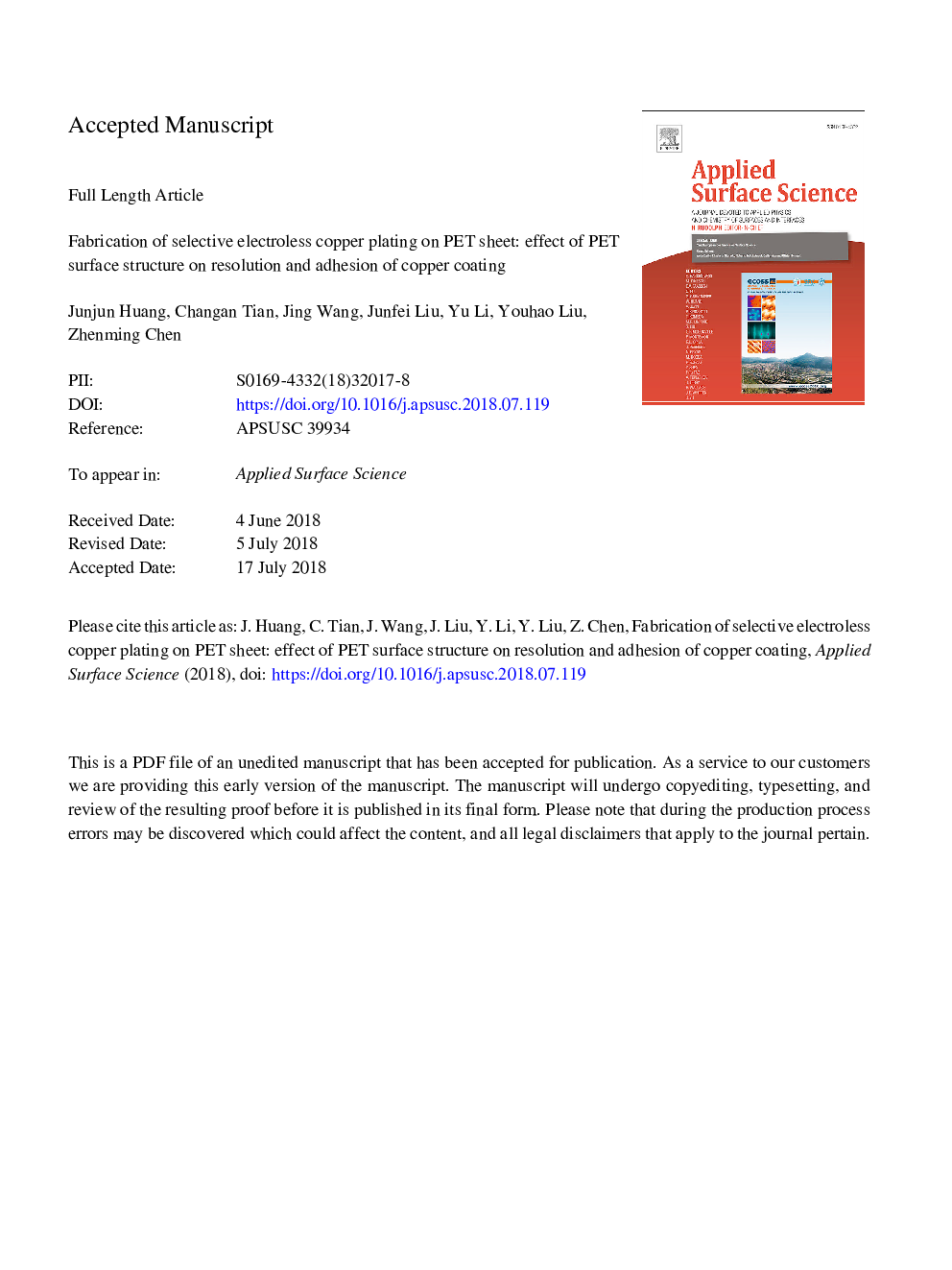 Fabrication of selective electroless copper plating on PET sheet: Effect of PET surface structure on resolution and adhesion of copper coating