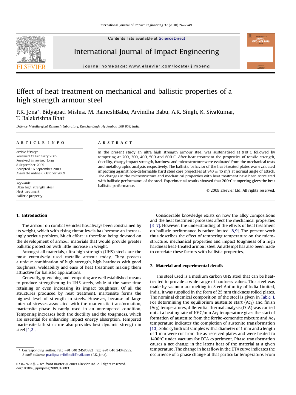 Effect of heat treatment on mechanical and ballistic properties of a high strength armour steel