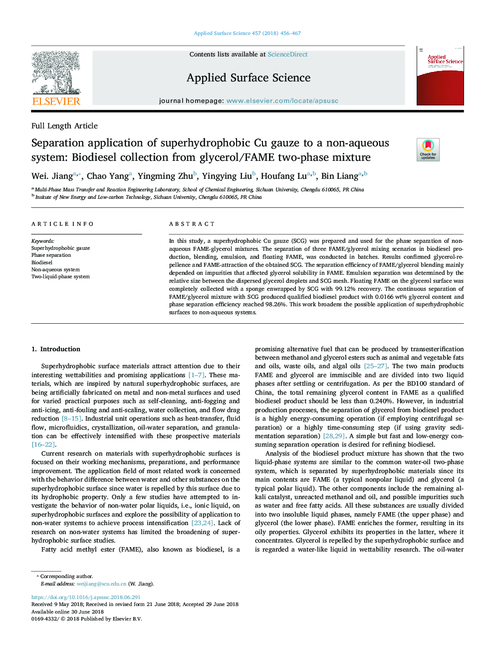 Separation application of superhydrophobic Cu gauze to a non-aqueous system: Biodiesel collection from glycerol/FAME two-phase mixture