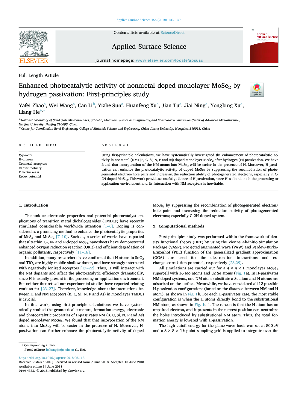 Enhanced photocatalytic activity of nonmetal doped monolayer MoSe2 by hydrogen passivation: First-principles study