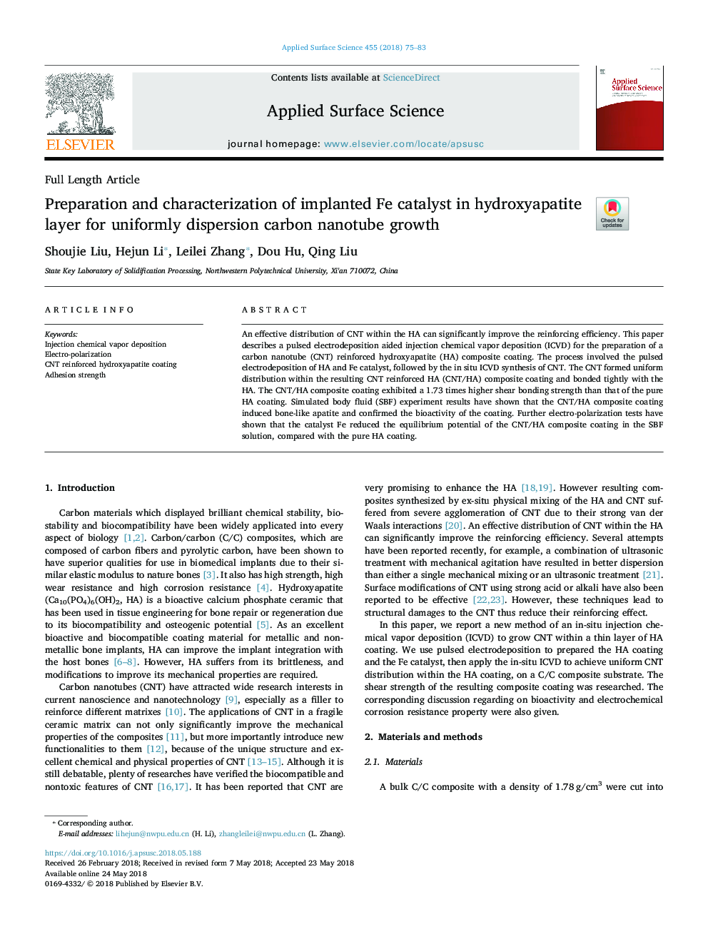 Preparation and characterization of implanted Fe catalyst in hydroxyapatite layer for uniformly dispersion carbon nanotube growth