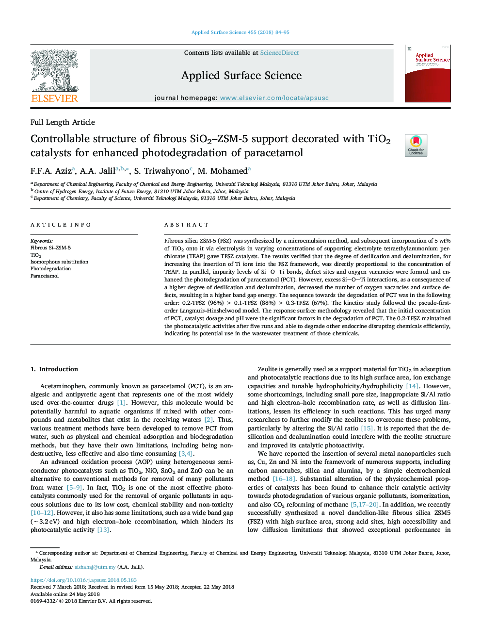 Controllable structure of fibrous SiO2-ZSM-5 support decorated with TiO2 catalysts for enhanced photodegradation of paracetamol