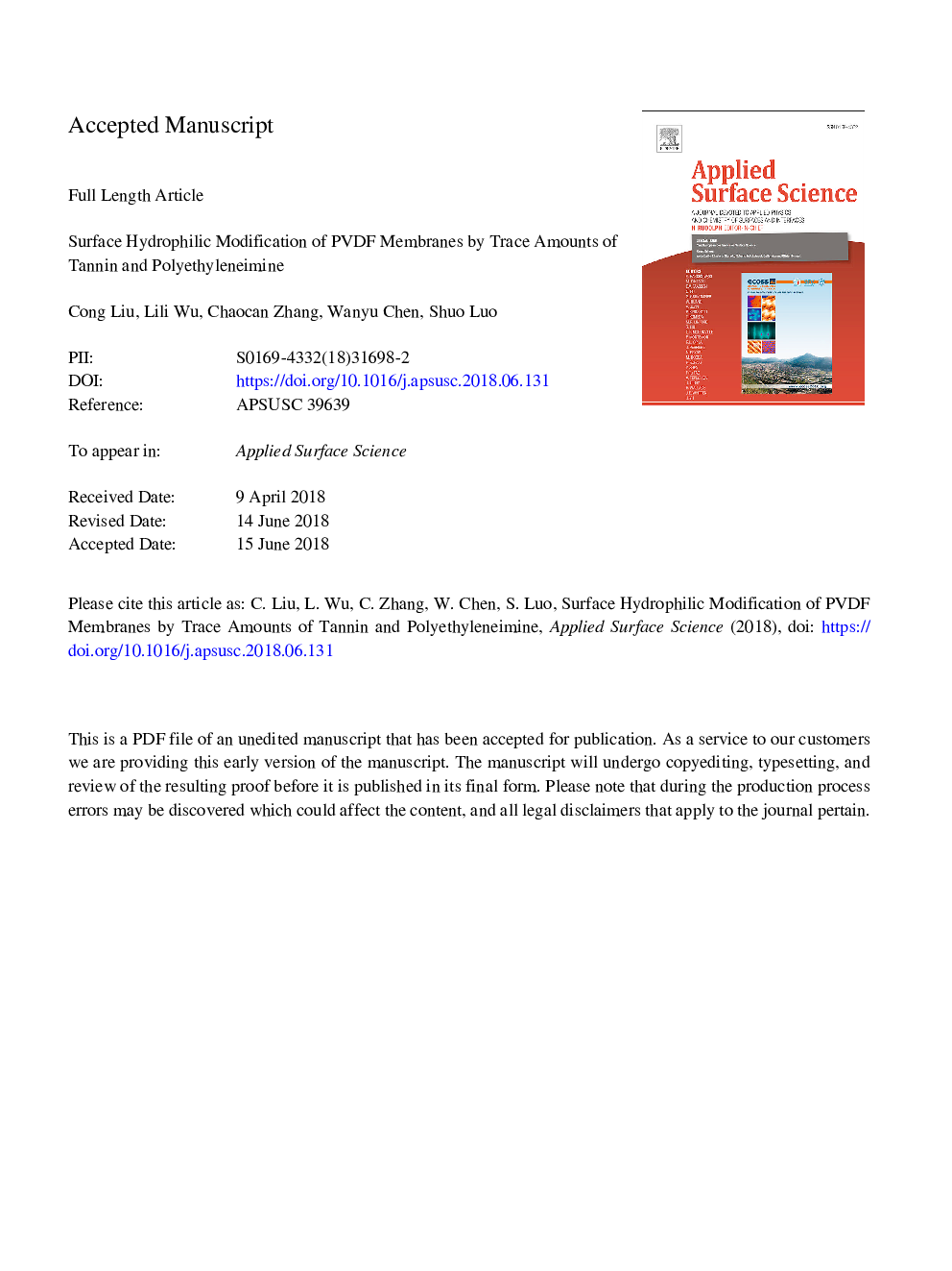 Surface hydrophilic modification of PVDF membranes by trace amounts of tannin and polyethyleneimine