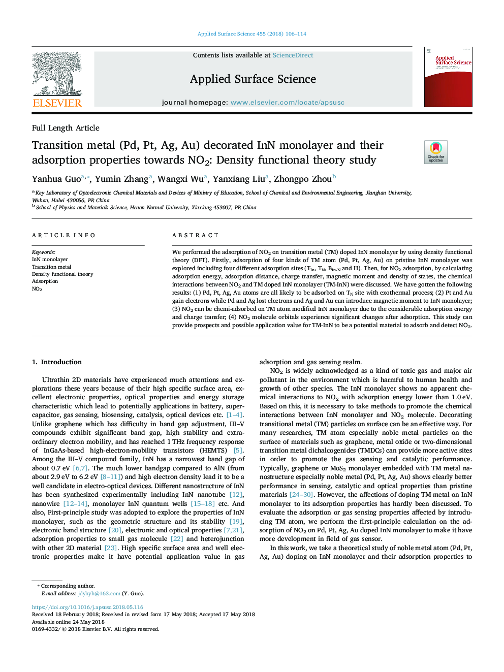 Transition metal (Pd, Pt, Ag, Au) decorated InN monolayer and their adsorption properties towards NO2: Density functional theory study