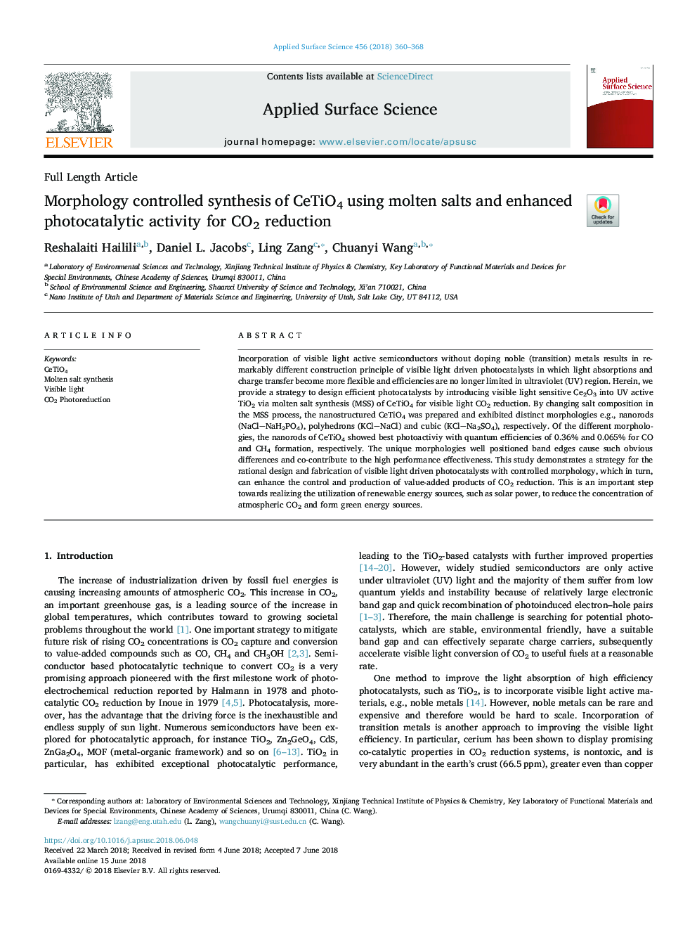 Morphology controlled synthesis of CeTiO4 using molten salts and enhanced photocatalytic activity for CO2 reduction