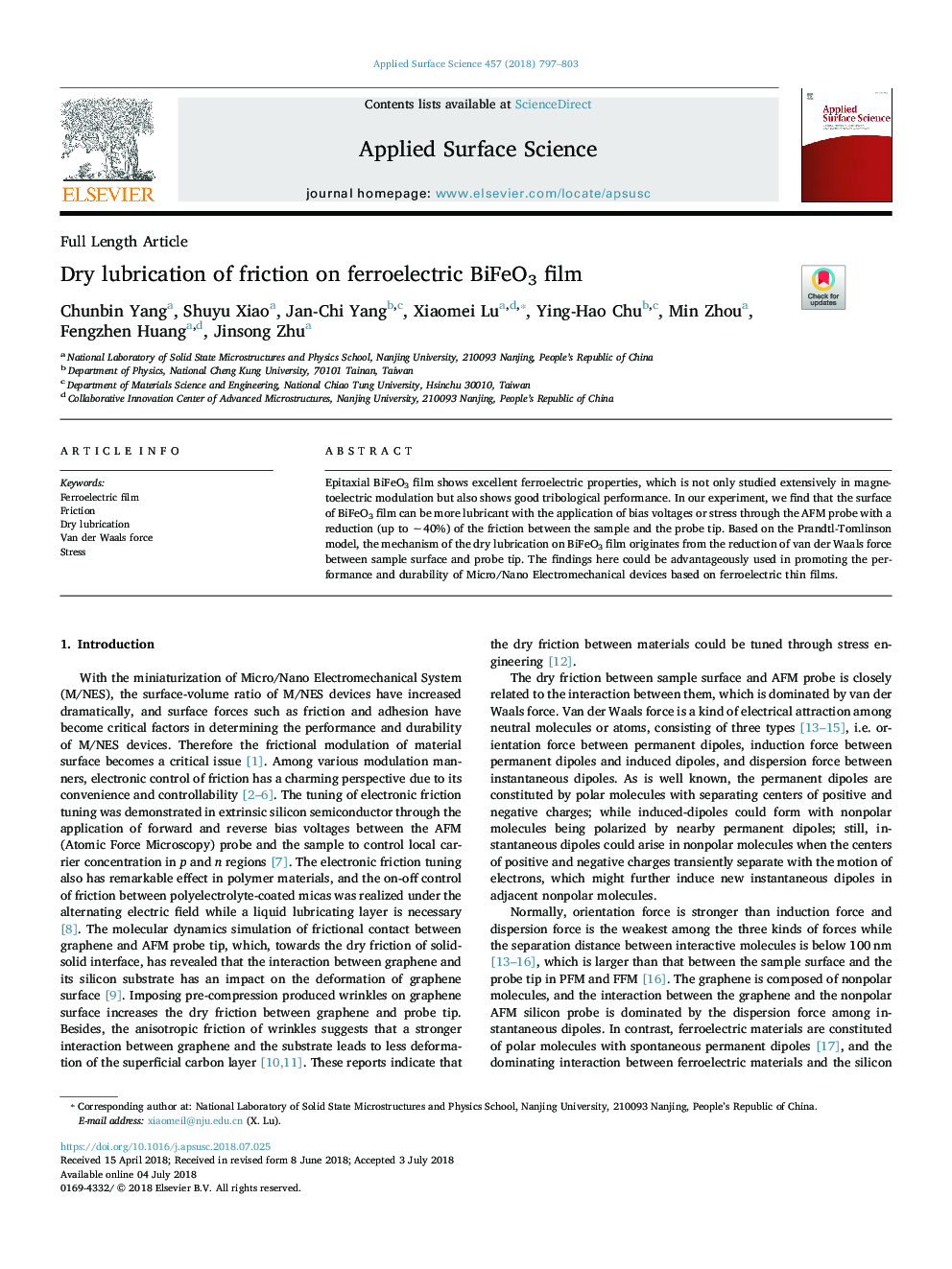 Dry lubrication of friction on ferroelectric BiFeO3 film