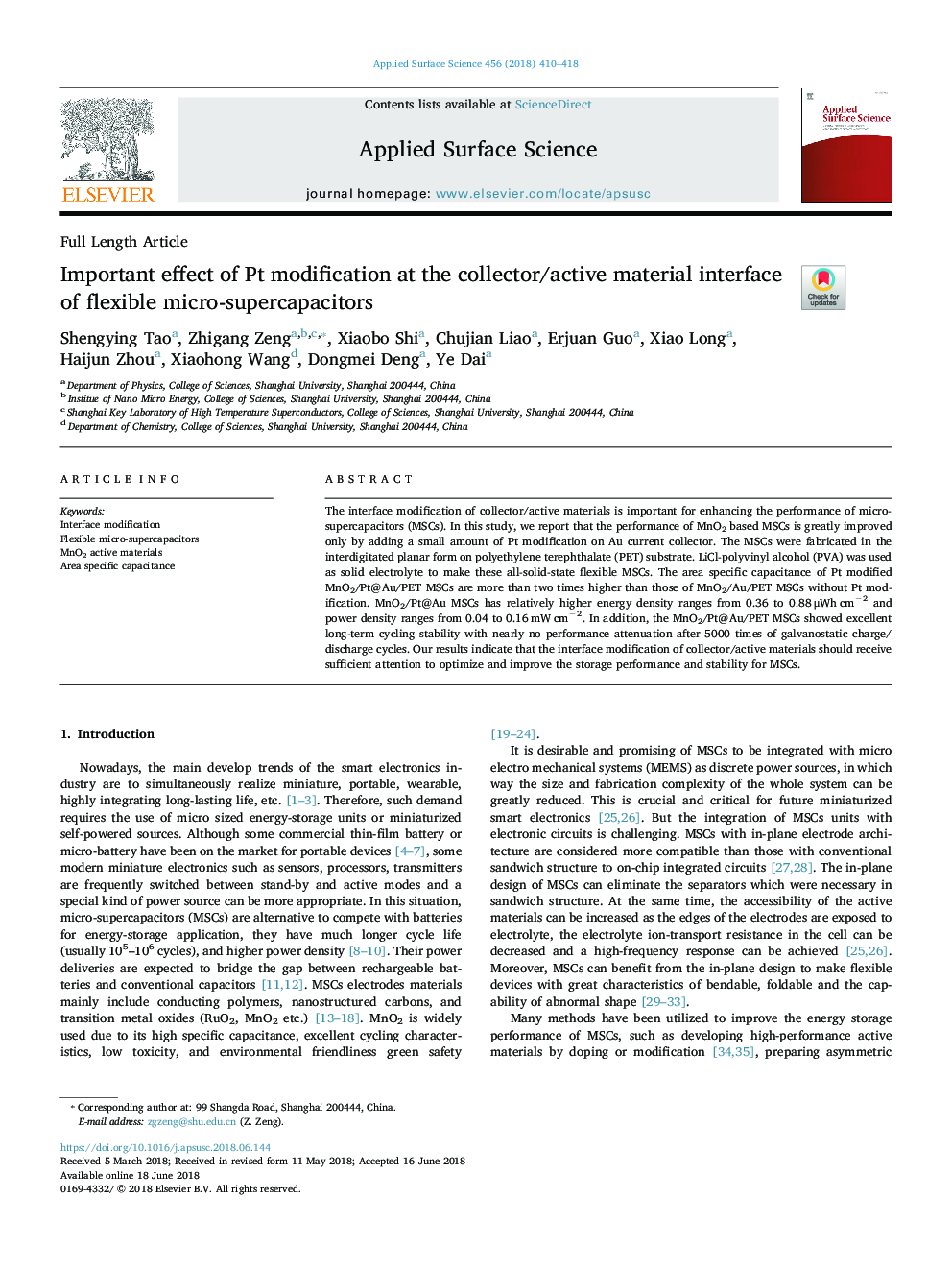 Important effect of Pt modification at the collector/active material interface of flexible micro-supercapacitors