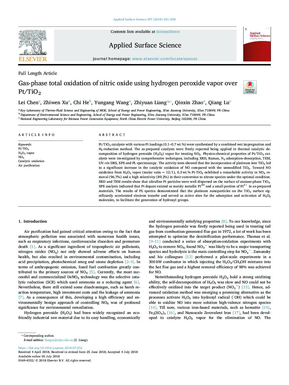 Gas-phase total oxidation of nitric oxide using hydrogen peroxide vapor over Pt/TiO2