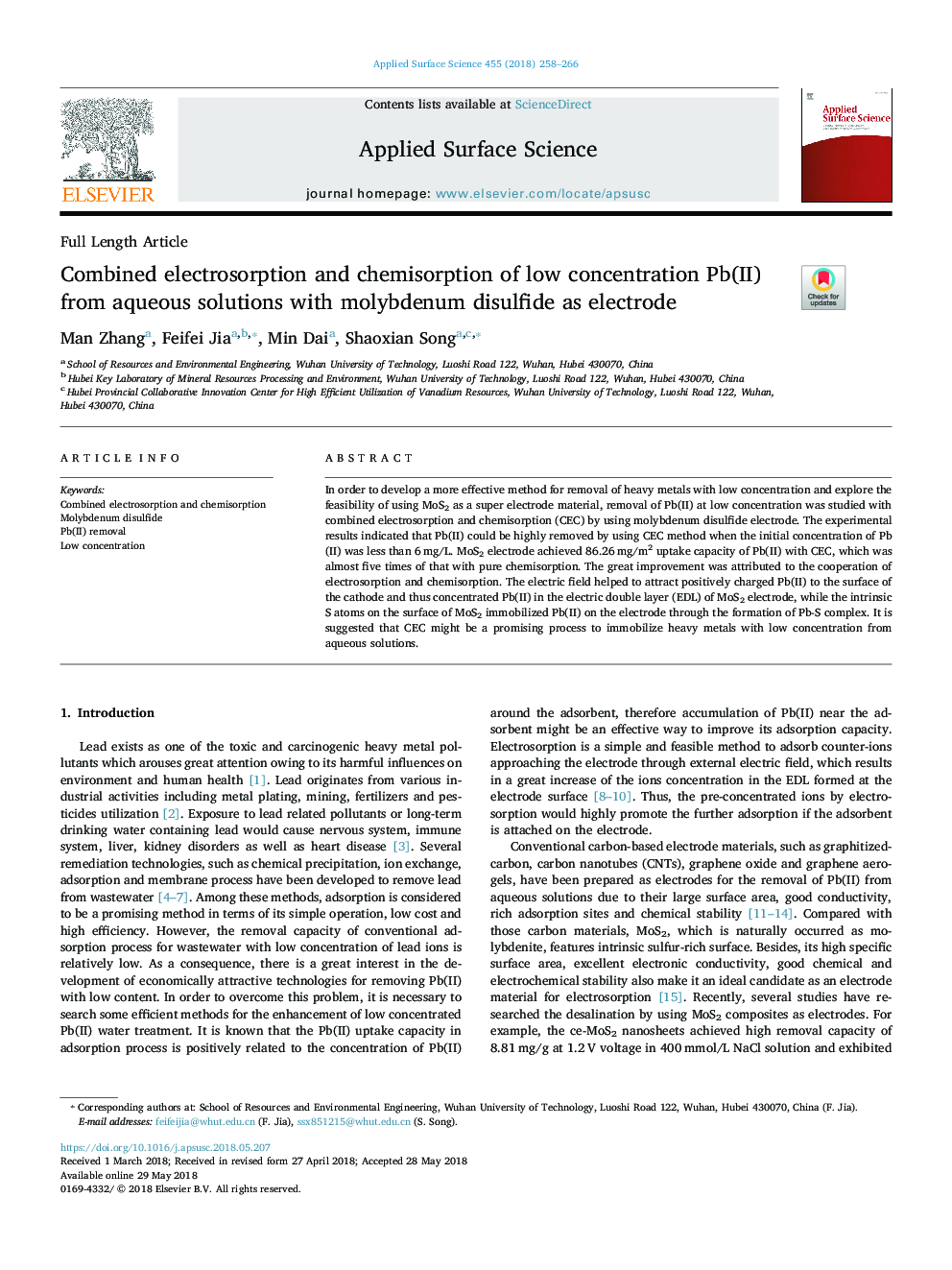Combined electrosorption and chemisorption of low concentration Pb(II) from aqueous solutions with molybdenum disulfide as electrode