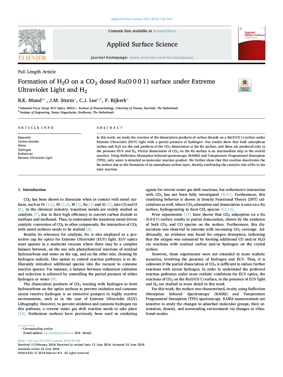 Formation of H2O on a CO2 dosed Ru(0â¯0â¯0â¯1) surface under Extreme Ultraviolet Light and H2