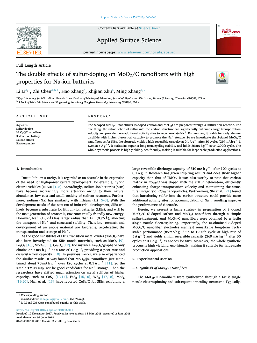 The double effects of sulfur-doping on MoO2/C nanofibers with high properties for Na-ion batteries