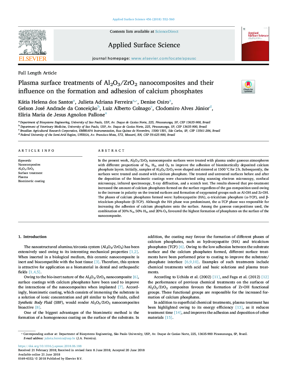 Plasma surface treatments of Al2O3/ZrO2 nanocomposites and their influence on the formation and adhesion of calcium phosphates