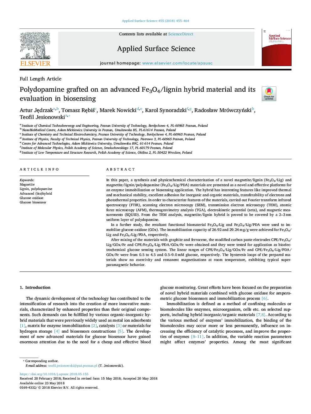 Polydopamine grafted on an advanced Fe3O4/lignin hybrid material and its evaluation in biosensing