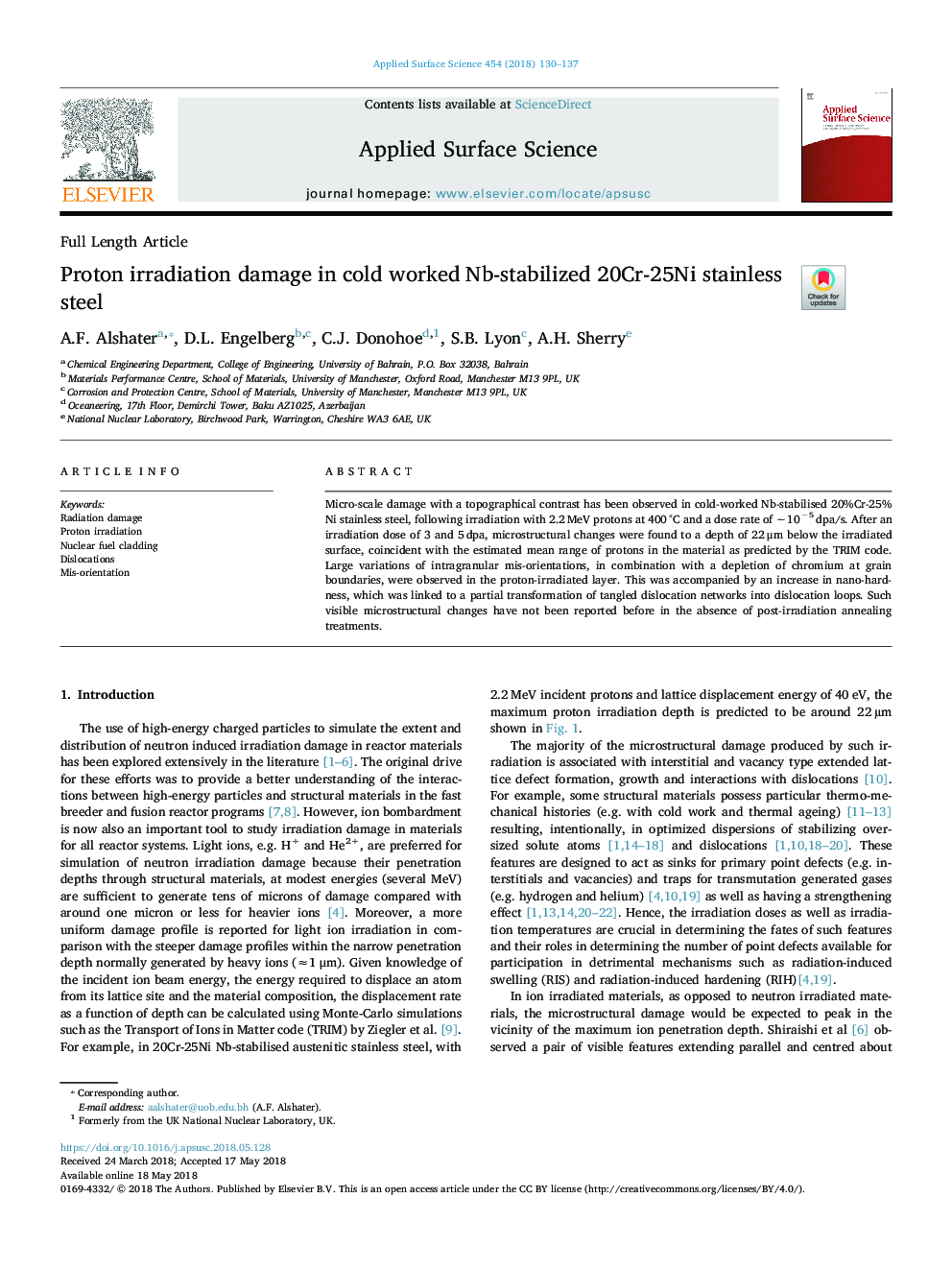 Proton irradiation damage in cold worked Nb-stabilized 20Cr-25Ni stainless steel