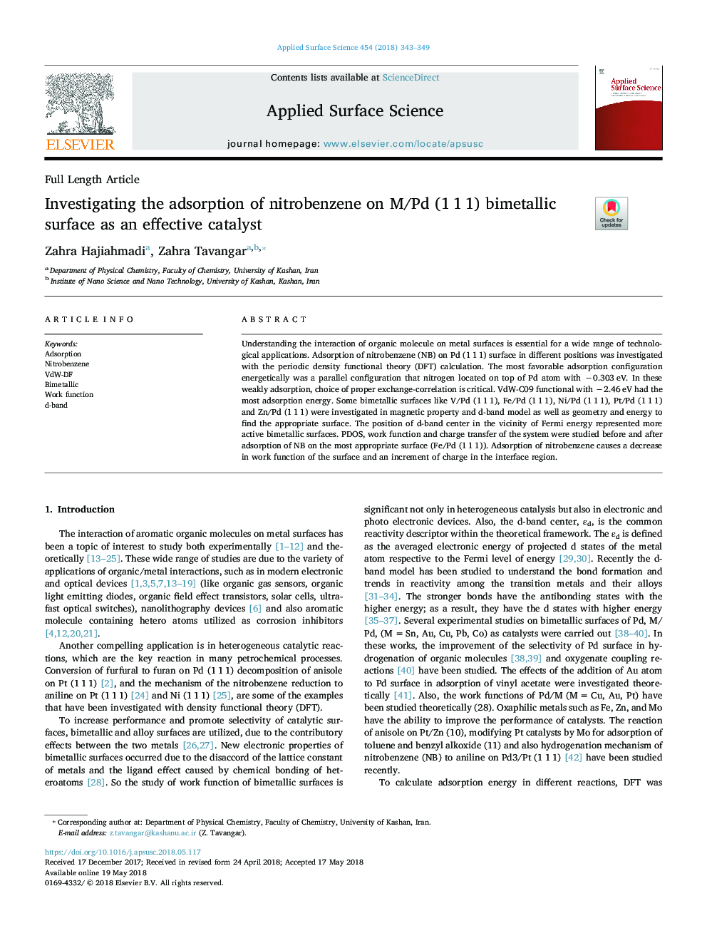 Investigating the adsorption of nitrobenzene on M/Pd (1â¯1â¯1) bimetallic surface as an effective catalyst