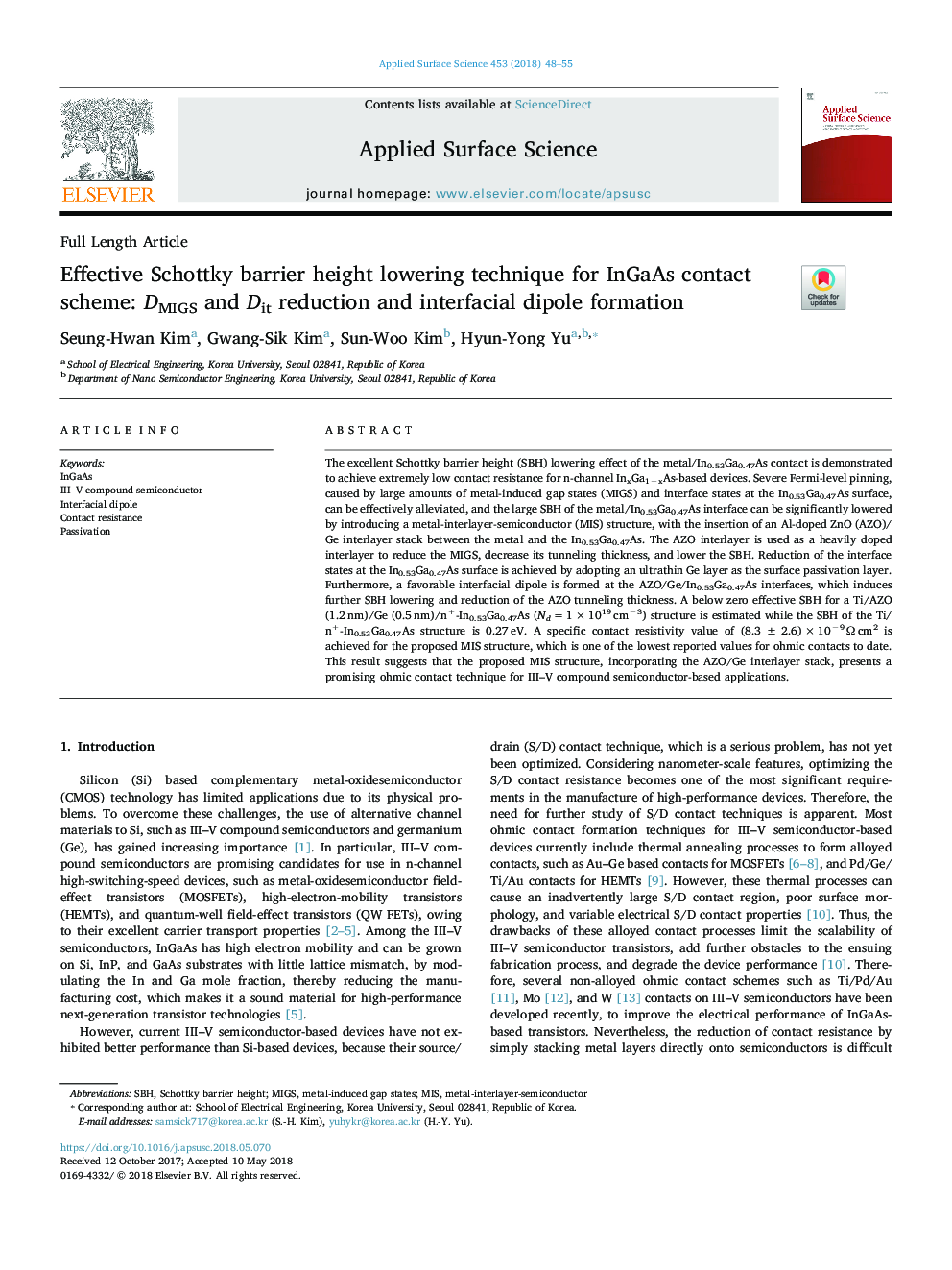 عکس صفحه اول مقاله: Effective Schottky barrier height lowering technique for InGaAs contact scheme: DMIGS and Dit reduction and interfacial dipole formation Effective Schottky barrier height lowering technique for InGaAs contact scheme: DMIGS and Dit reduction and interfacial dipole formation