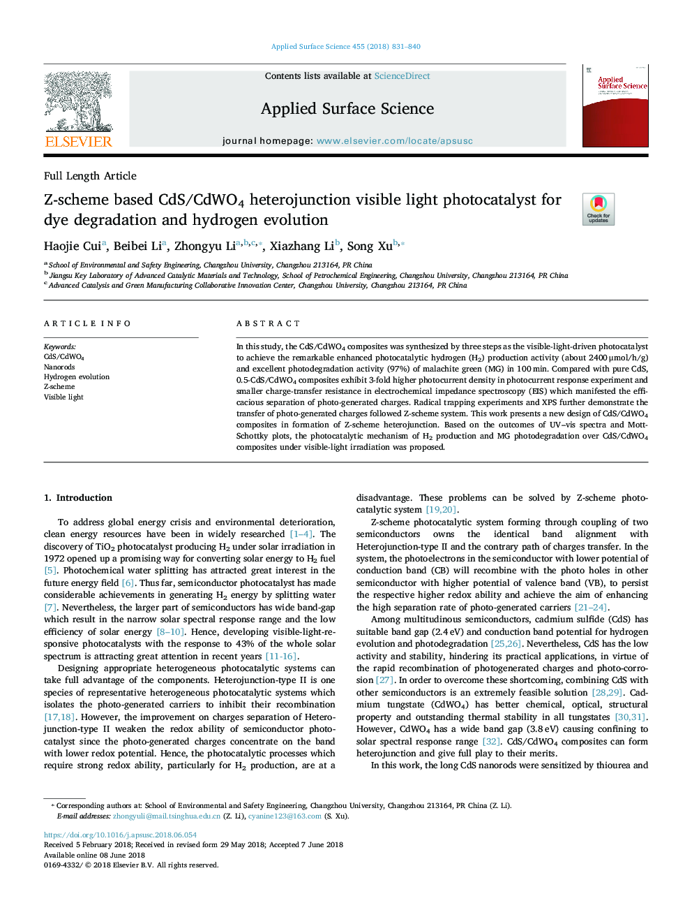 Z-scheme based CdS/CdWO4 heterojunction visible light photocatalyst for dye degradation and hydrogen evolution