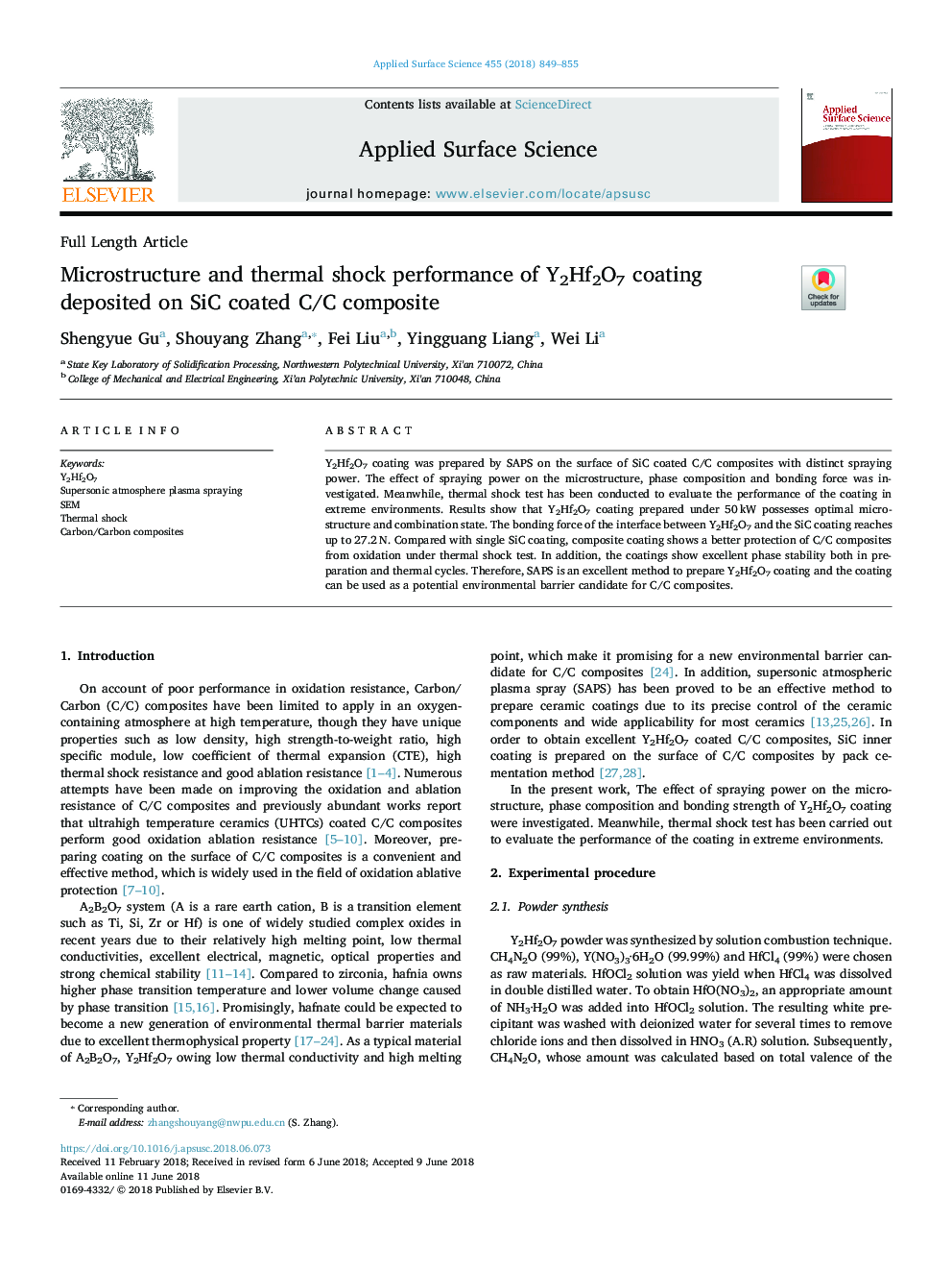 Microstructure and thermal shock performance of Y2Hf2O7 coating deposited on SiC coated C/C composite