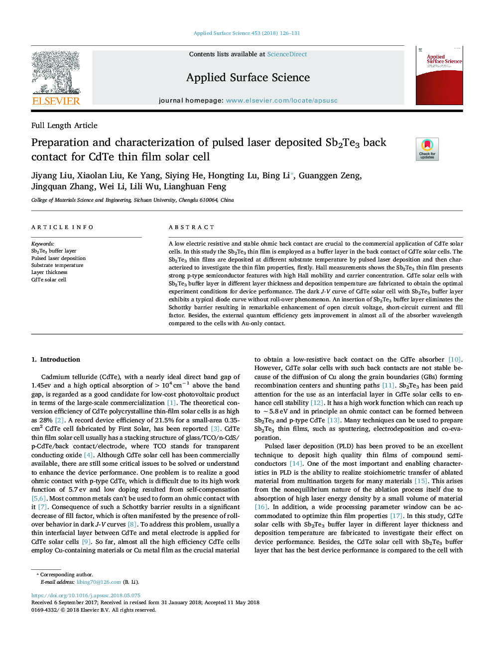 Preparation and characterization of pulsed laser deposited Sb2Te3 back contact for CdTe thin film solar cell